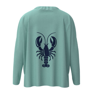 Wells Maine Lobster Icon Sweater In Aqua And Navy With Navy Lobster Back Graphic, Maine Coastal Gifts, Maine Print Sweaters