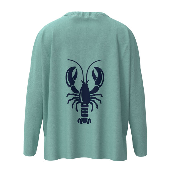 Wells Maine Lobster Icon Sweater In Aqua And Navy With Navy Lobster Back Graphic, Maine Coastal Gifts, Maine Print Sweaters