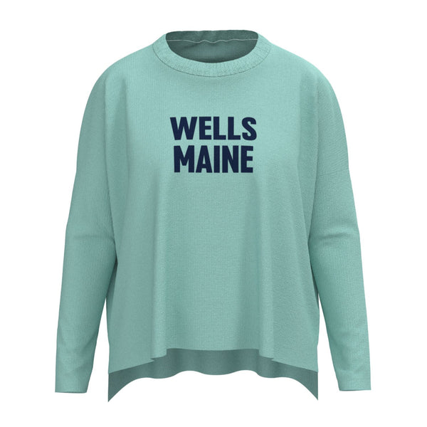 Wells Maine Lobster Icon Sweater In Aqua And Navy With Wells Maine Front Print, Maine Coastal Gifts, Maine Print Sweaters