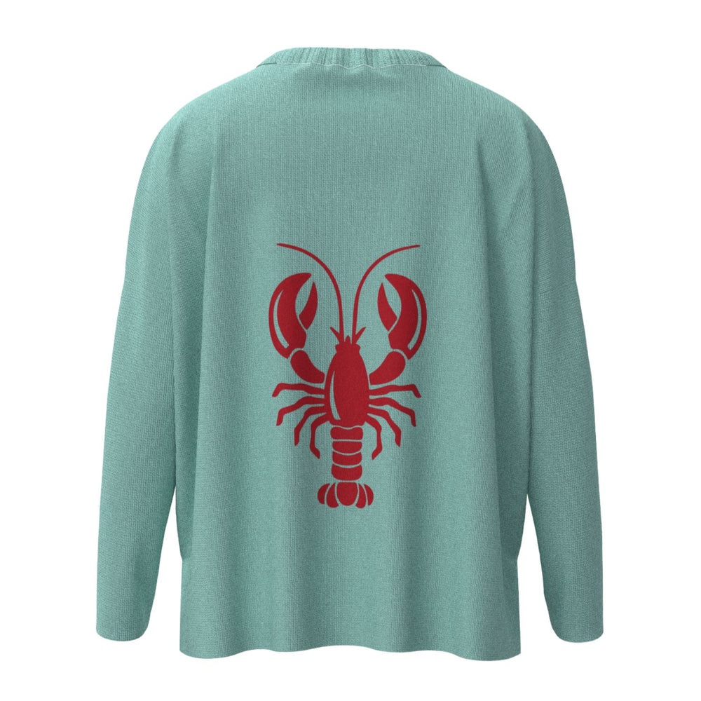 Wells Maine Lobster Icon Sweater In Aqua And Red With Wells Maine Front Print, Maine Coastal Gifts, Maine Print Sweaters