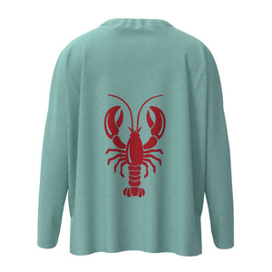 Wells Maine Lobster Icon Sweater In Aqua And Red With Red Lobster Back Graphic, Maine Coastal Gifts, Maine Print Sweaters