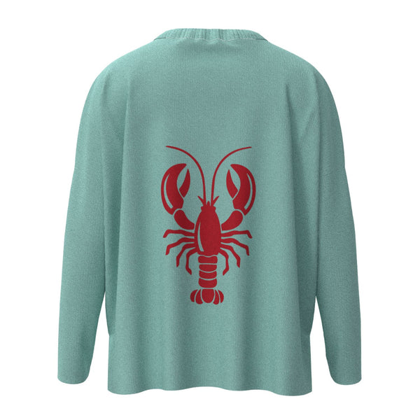 Wells Maine Lobster Icon Sweater In Aqua And Red With Red Lobster Back Graphic, Maine Coastal Gifts, Maine Print Sweaters