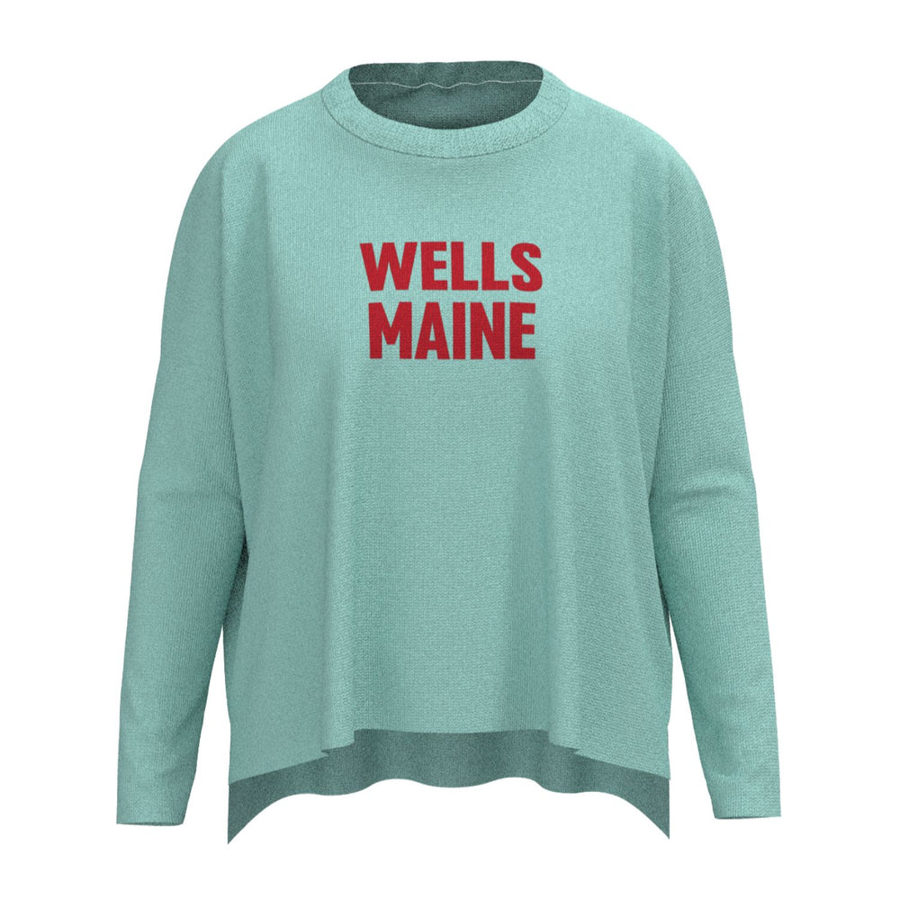 Wells Maine Lobster Icon Sweater In Aqua And Red With Wells Maine Front Print, Maine Coastal Gifts, Maine Print Sweaters