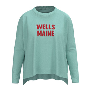 Wells Maine Lobster Icon Sweater In Aqua And Red With Wells Maine Front Print, Maine Coastal Gifts, Maine Print Sweaters
