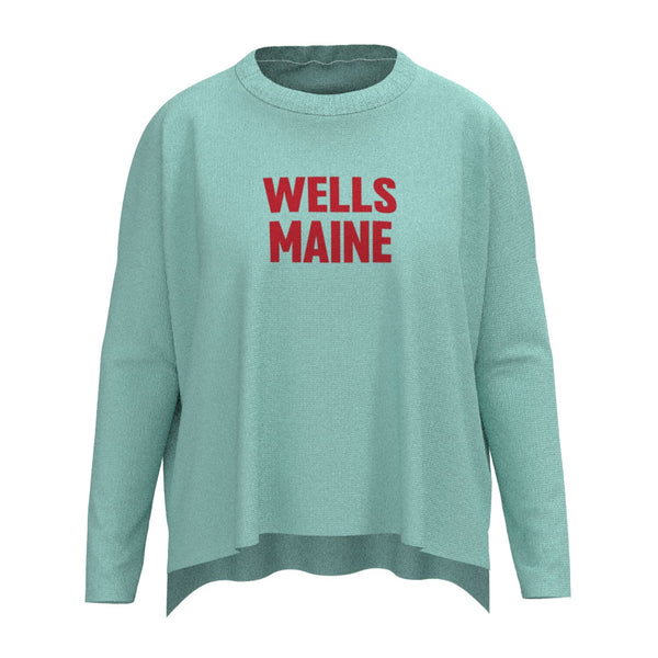 Wells Maine Lobster Icon Sweater In Aqua And Red With Wells Maine Front Print, Maine Coastal Gifts, Maine Print Sweaters