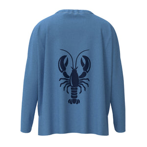 Wells Maine Lobster Icon Sweater In Hydrangea And Navy With Navy Lobster Back Graphic, Maine Nautical Gifts, Maine Print Sweaters