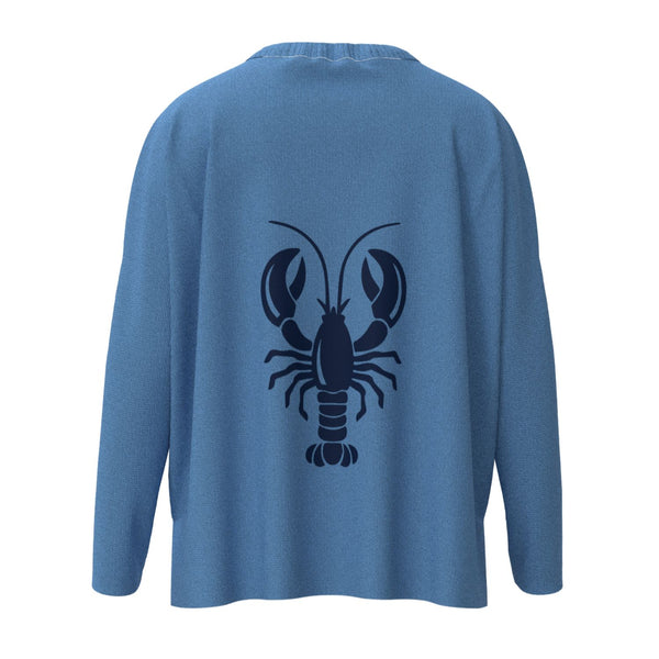 Wells Maine Lobster Icon Sweater In Hydrangea And Navy With Navy Lobster Back Graphic, Maine Nautical Gifts, Maine Print Sweaters