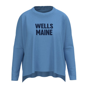 Wells Maine Lobster Icon Sweater In Hydrangea And Navy With Wells Maine Front Print, Maine Coastal Gifts, Maine Print Sweaters