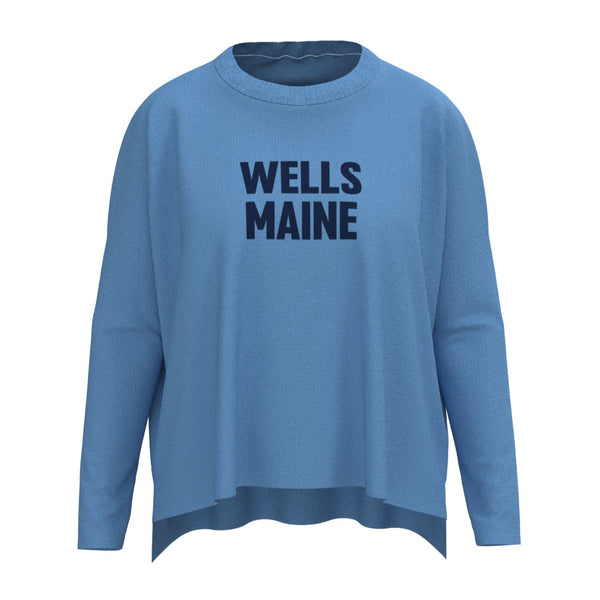 Wells Maine Lobster Icon Sweater In Hydrangea And Navy With Wells Maine Front Print, Maine Coastal Gifts, Maine Print Sweaters