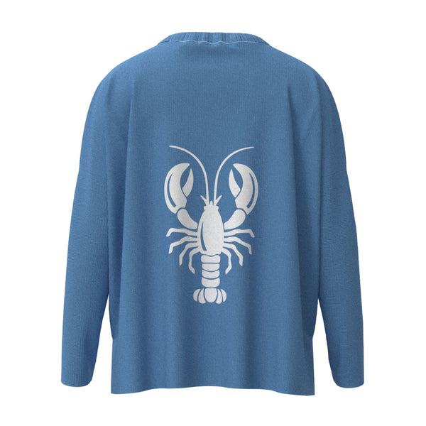 Wells Maine Lobster Icon Sweater In Hydrangea And White With White Lobster Back Graphic, Maine Coastal Gifts, Maine Print Sweaters