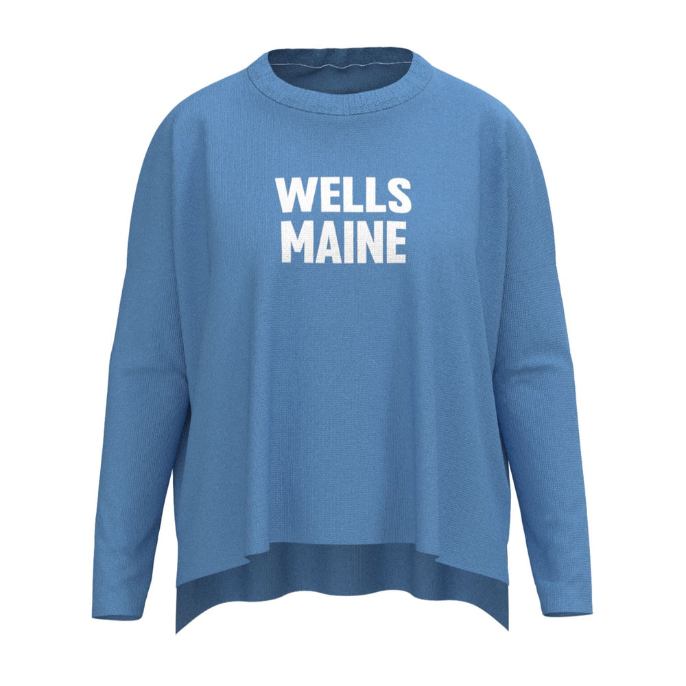 Wells Maine Lobster Icon Sweater In Hydrangea And White With Wells Maine Front Print, Maine Coastal Gifts, Maine Print Sweaters