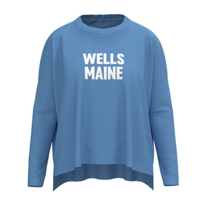 Wells Maine Lobster Icon Sweater In Hydrangea And White With Wells Maine Front Print, Maine Coastal Gifts, Maine Print Sweaters