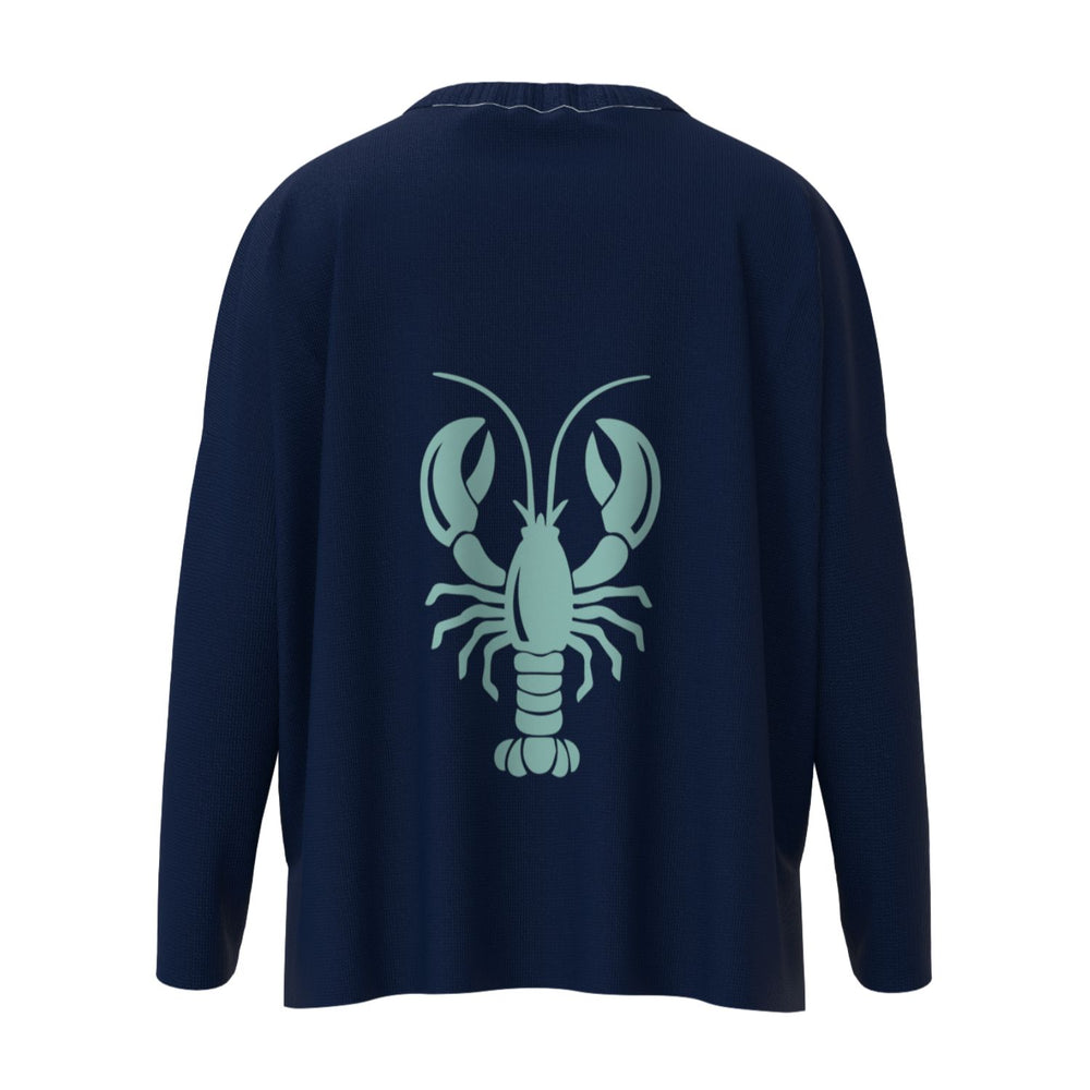 Wells Maine Lobster Icon Sweater In Navy And Aqua With Wells Maine Front Print, Maine Coastal Gifts, Maine Print Sweaters