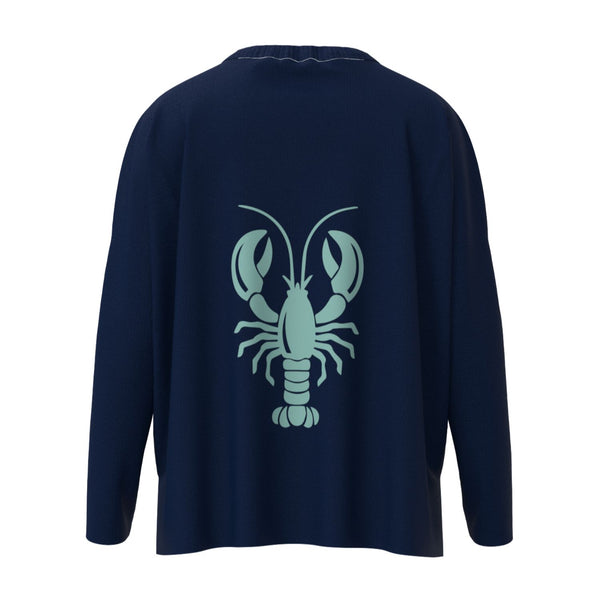 Wells Maine Lobster Icon Sweater In Navy And Aqua With Aqua Lobster Back Graphic, Maine Nautical Gifts, Maine Print Sweaters