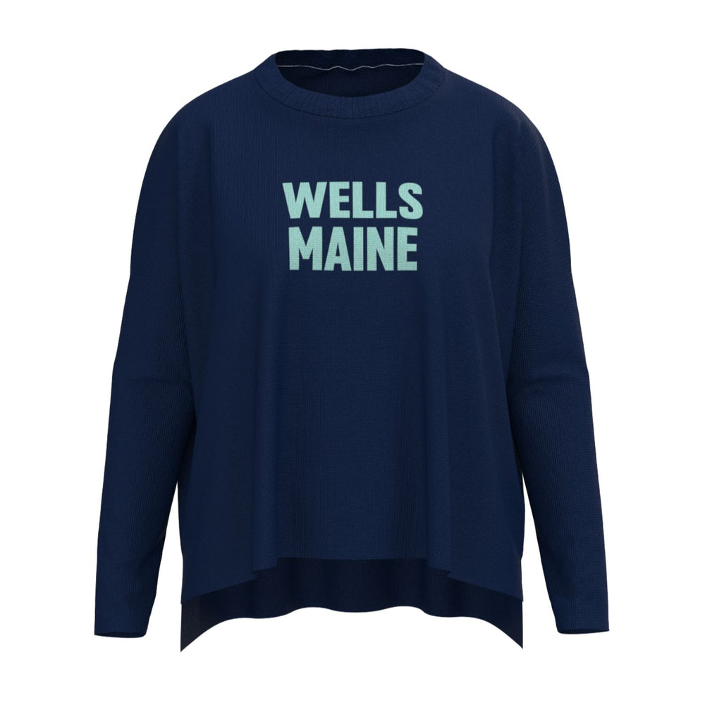 Wells Maine Lobster Icon Sweater In Navy And Aqua With Wells Maine Front Print, Maine Coastal Gifts, Maine Print Sweaters