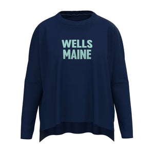 Wells Maine Lobster Icon Sweater In Navy And Aqua With Wells Maine Front Print, Maine Coastal Gifts, Maine Print Sweaters