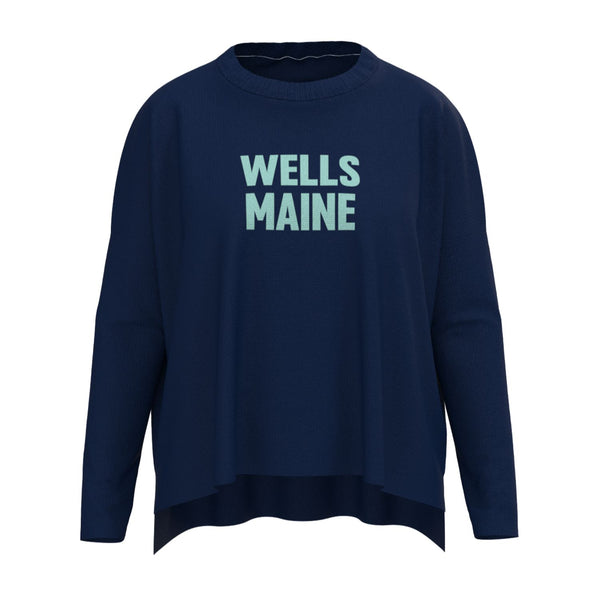 Wells Maine Lobster Icon Sweater In Navy And Aqua With Wells Maine Front Print, Maine Coastal Gifts, Maine Print Sweaters