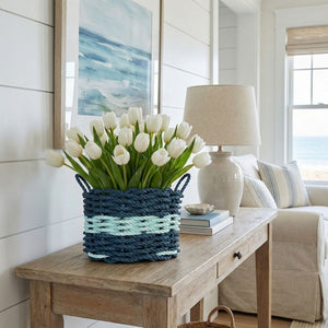 Lobster Rope Basket Decorative Storage with White Tulips, Coastal Table and Shelf Decor Basket
