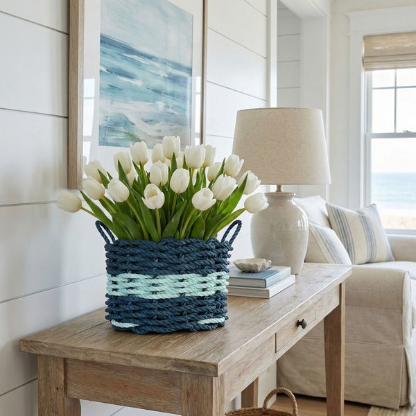 Lobster Rope Basket Decorative Storage with White Tulips, Coastal Table and Shelf Decor Basket