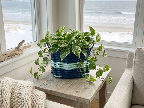 Lobster Rope Basket Planter with Indoor Plant, Coastal Home Decor Basket for Living Room