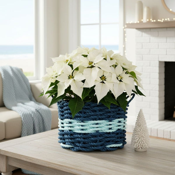 Lobster Rope Basket Planter in Navy and Seafoam with White Poinsettia, Coastal Home Decor Basket