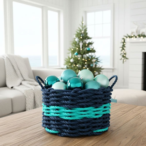 Lobster Rope Basket Storage in Navy and Teal with Christmas Ornaments, Coastal Storage Basket