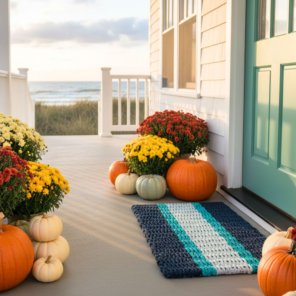Cozy front porch of a beach house decorated with orange pumpkins, vibrant potted flowers, a blue-and-white striped rope doormat, creating a warm and inviting seasonal display.