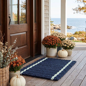Navy with Seafoam Tailored Stripes Lobster Rope™ Doormat, Wicked Good Doormats, All-Weather Mats Made in Maine, Outdoor Doormats for All Seasons
