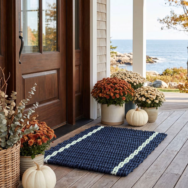 Navy with Seafoam Tailored Stripes Lobster Rope™ Doormat, Wicked Good Doormats, All-Weather Mats Made in Maine, Outdoor Doormats for All Seasons