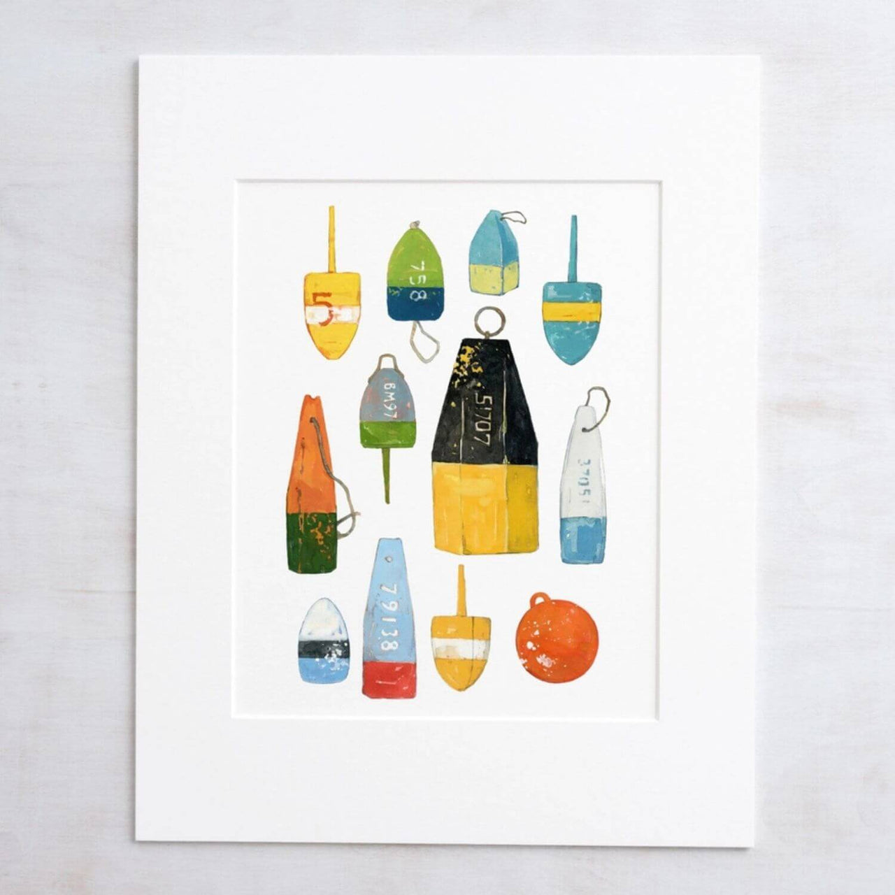 Lobster Buoys Watercolor Painting, Colorful Nautical Print, 8 x 10