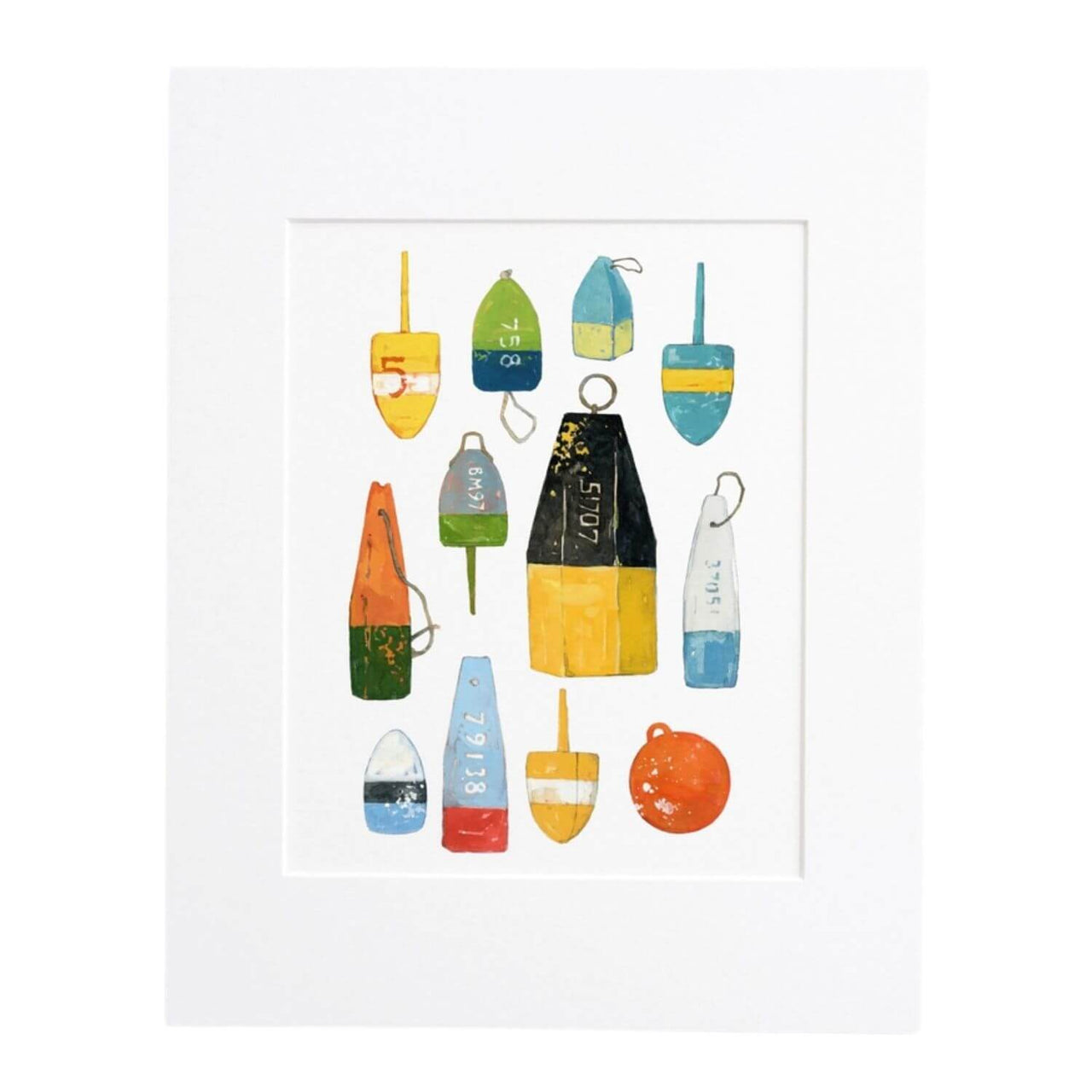 Lobster Buoys Watercolor Painting, Colorful Nautical Print, 8 x 10