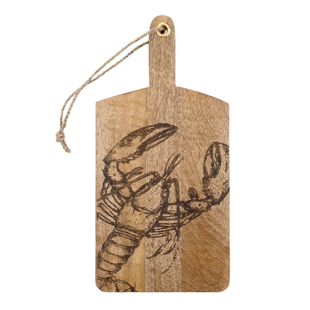 Rectangular mango wood serving board with handle and etched lobster design