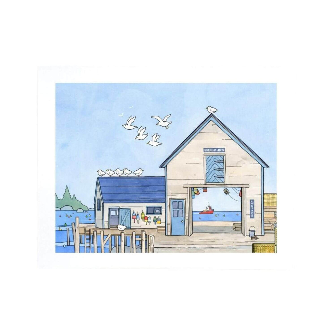 Lobster Fishing Dock, Maine Fishing Town Nautical Art Print, 11 x 14