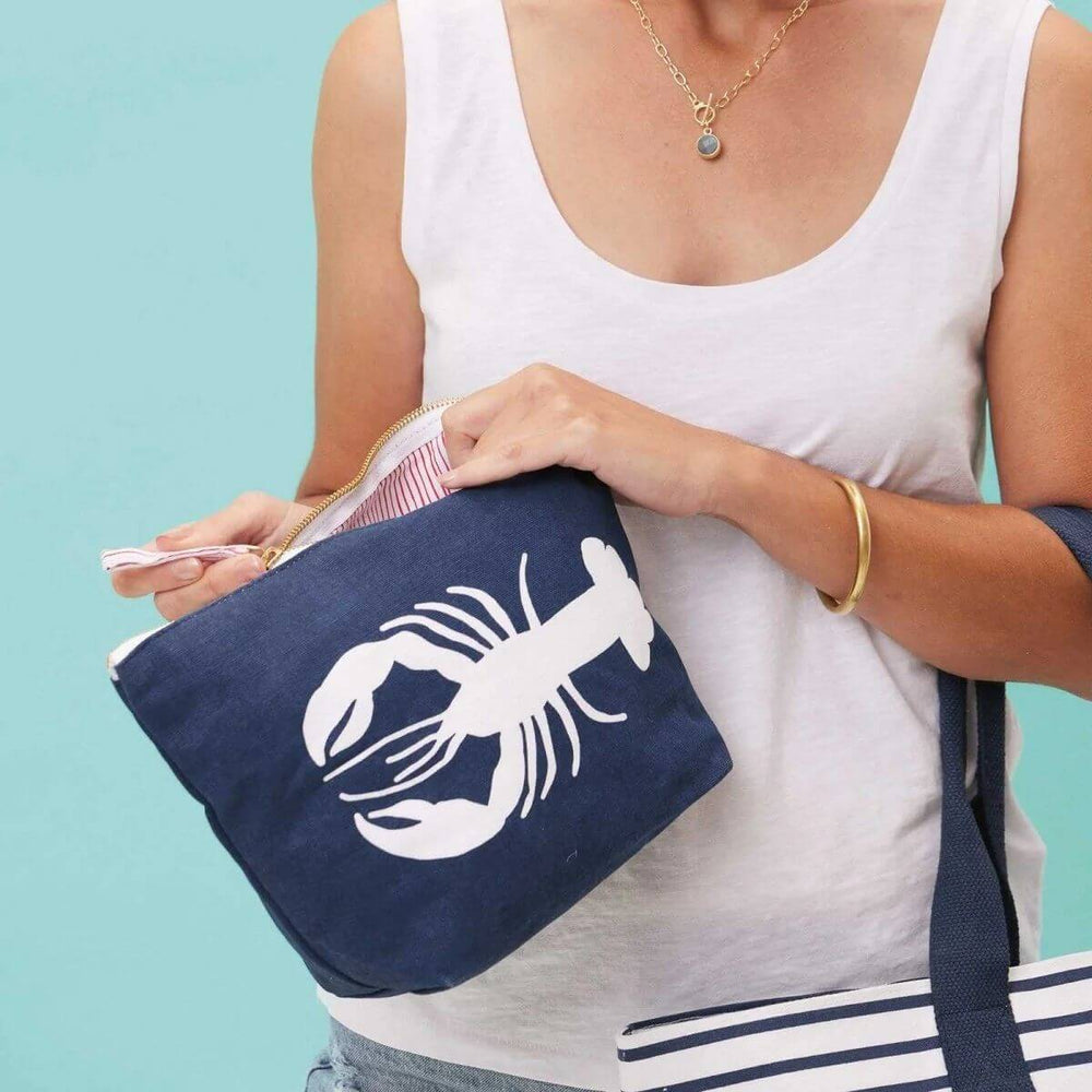 Lobster Navy Large Relaxed Pouch, Cotton Canvas, Eco-friendly Pouch, 11 x 8