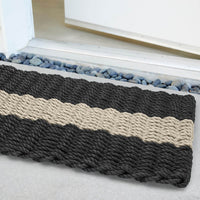 Thumbnail for Lobster Rope Doormats, Outdoor Door Mats, Wicked Good Door Mats Made in Maine, Black with Dark Tan Stripe, Angled View in Front Door