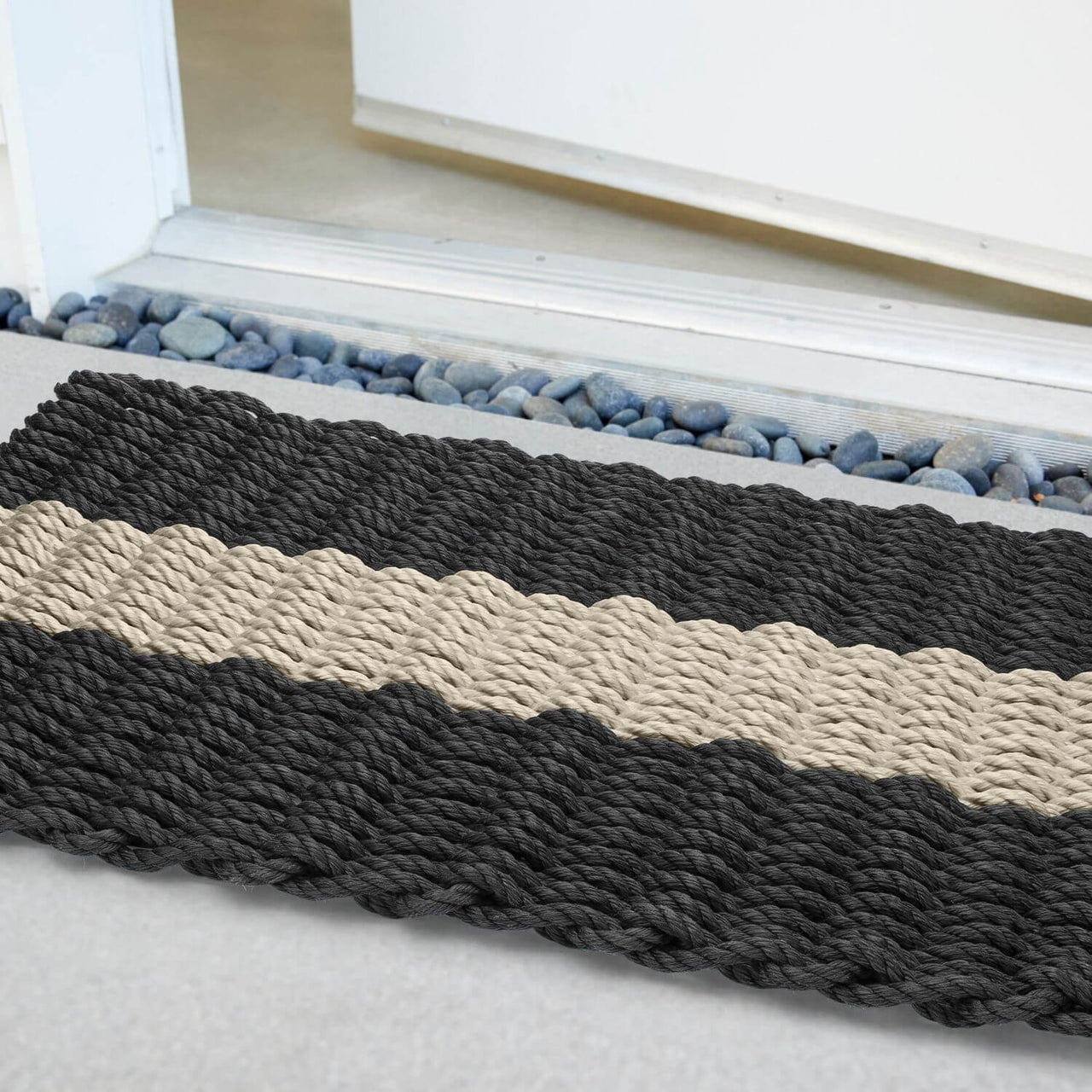 Lobster Rope Doormats, Outdoor Door Mats, Wicked Good Door Mats Made in Maine, Black with Dark Tan Stripe, Close Up View in Front Door
