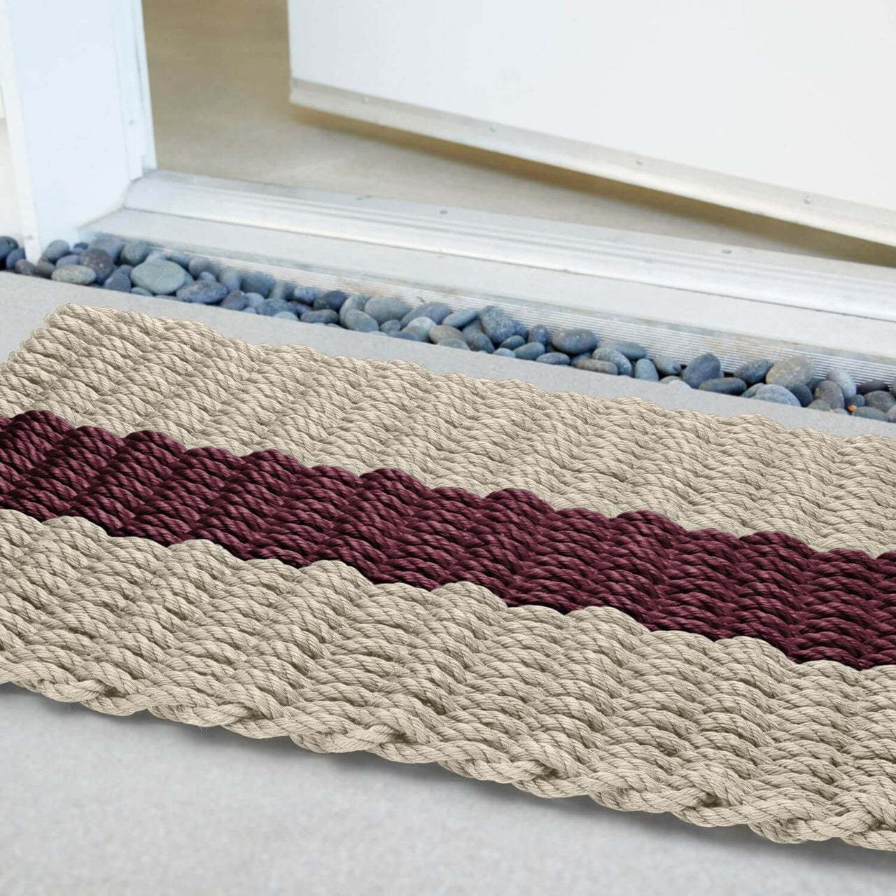 Lobster Rope Doormats, Outdoor Door Mats, Wicked Good Door Mats Made in Maine, Dark Tan with Cranberry Stripe, Front Door Close Up View