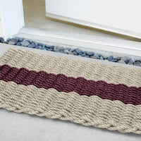 Thumbnail for Lobster Rope Doormats, Outdoor Door Mats, Wicked Good Door Mats Made in Maine, Dark Tan with Cranberry Stripe, Front Door Close Up View