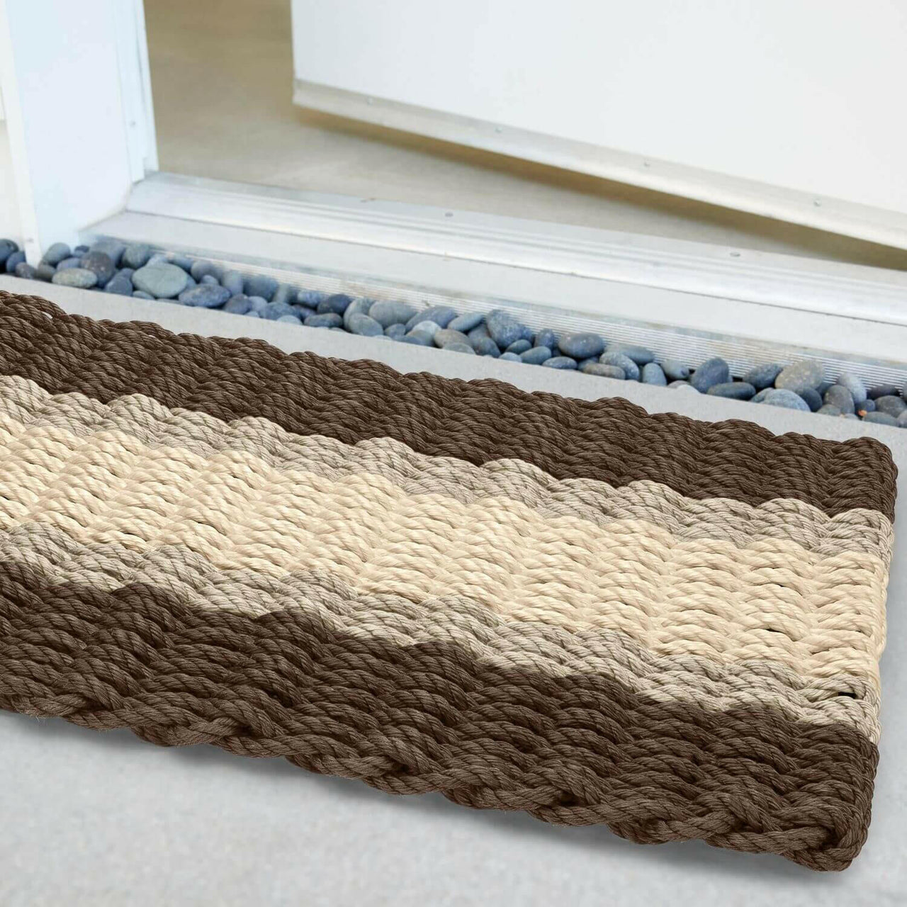 Lobster Rope Doormats, Outdoor Door Mats, Wicked Good Door Mats Made in Maine, Mocha, Dark Tan, Light Tan, Front Door Angled View