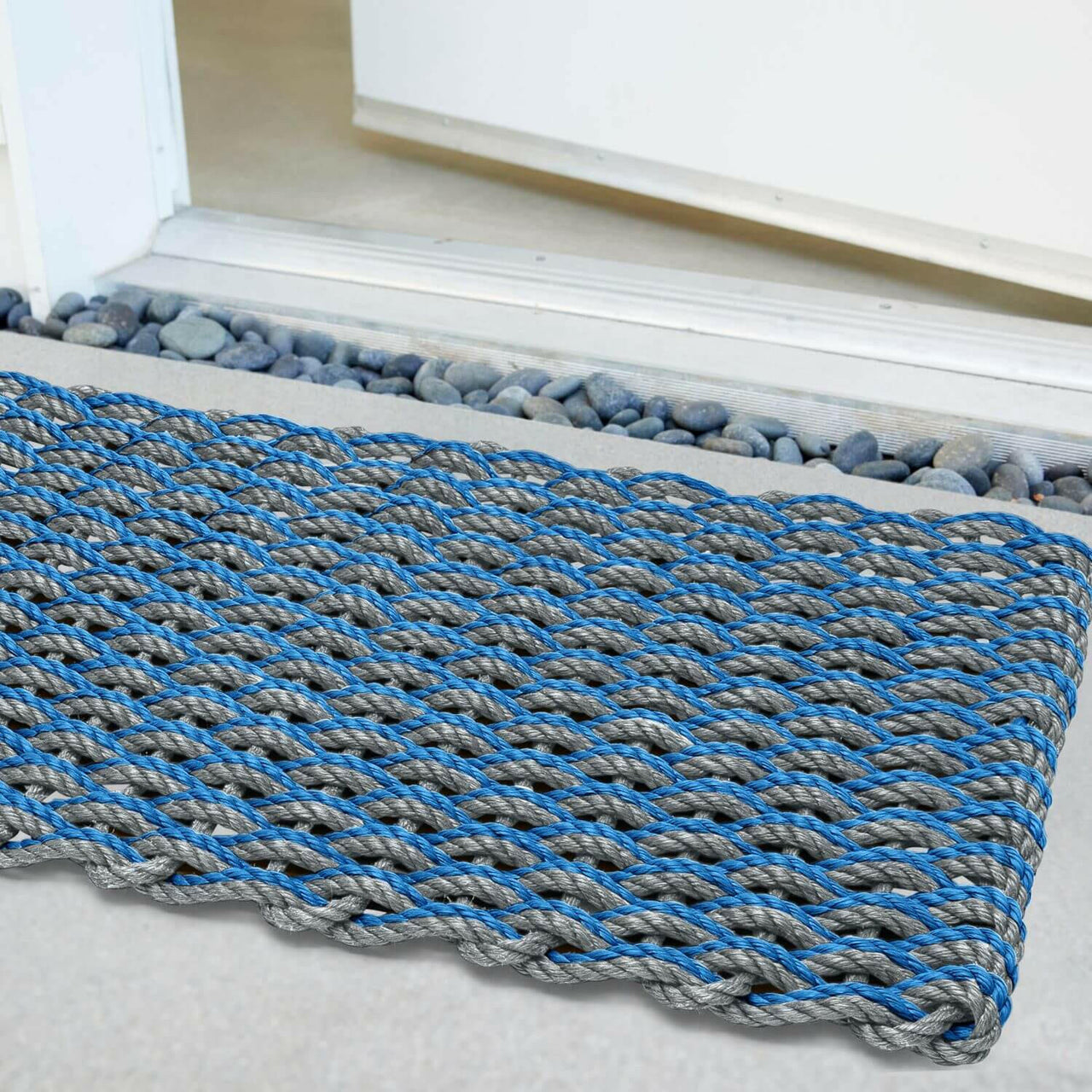 Lobster Rope Doormats, Outdoor Door Mats, Wicked Good Door Mats Made in Maine, Silver and Light Blue