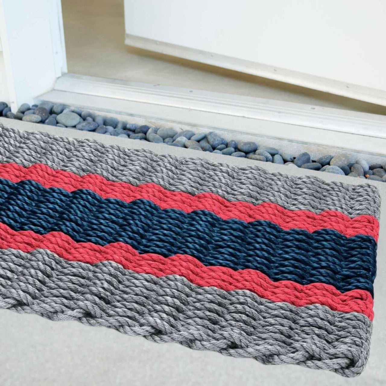 Lobster Rope Doormats, Outdoor Door Mats, Wicked Good Door Mats Made in Maine, Silver, Red, Navy, Angled View in Front Door