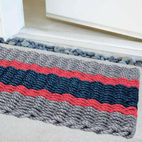 Thumbnail for Lobster Rope Doormats, Outdoor Door Mats, Wicked Good Door Mats Made in Maine, Silver, Red, Navy, Angled View in Front Door