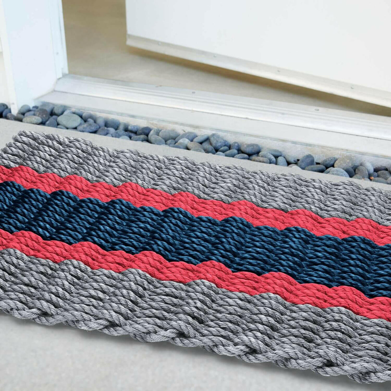 Lobster Rope Doormats, Outdoor Door Mats, Wicked Good Door Mats Made in Maine, Silver, Red, Navy, Close Up View in Front Door