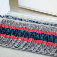 Thumbnail for Lobster Rope Doormats, Outdoor Door Mats, Wicked Good Door Mats Made in Maine, Silver, Red, Navy, Close Up View in Front Door