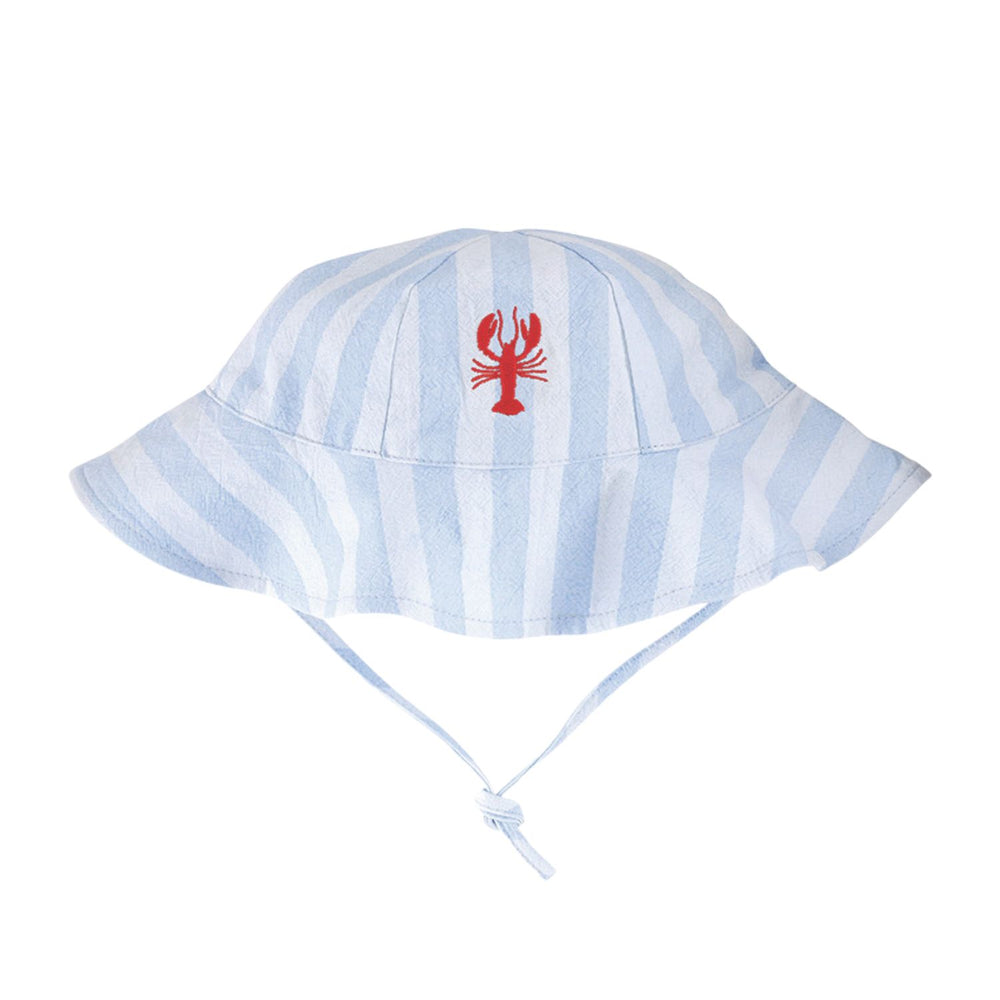 Blue and white striped baby sun hat with red lobster print, blue and white stripes, and chin tie.