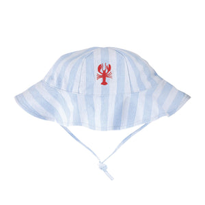 Blue and white striped baby sun hat with red lobster print, blue and white stripes, and chin tie.