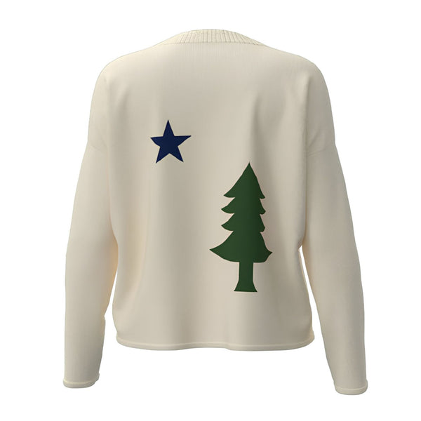 Boxy Maine Flag Sweater In Natural With Maine Flag Inspired Star And Tree Back Graphic, Maine Nautical Gifts, Maine Print Sweaters