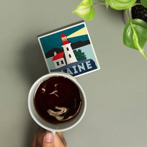 Maine Lighthouse Vector Style Ceramic Coaster, Coastal Drink Surface Protector, 4" x 4" New England Trading Co