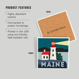 Maine Lighthouse Vector Style Ceramic Coaster, Cork-backing and high absorbent ceramic coaster for beach and coastal homes, New England Trading Co