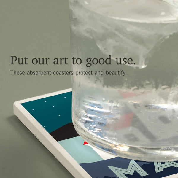 Maine Lighthouse Vector Style Ceramic Coaster, High absorbent coasters, 4" x 4" Coastal Drink Surface Protector, New England Trading Co